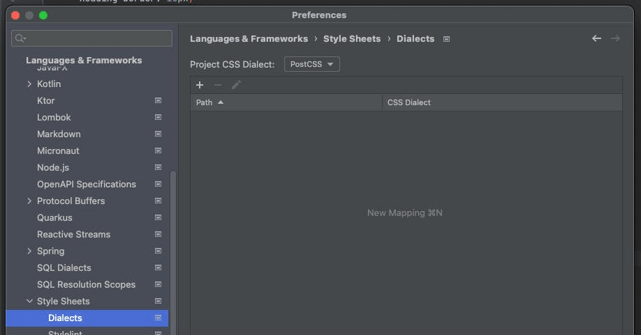 IntelliJ PostCSS dialect